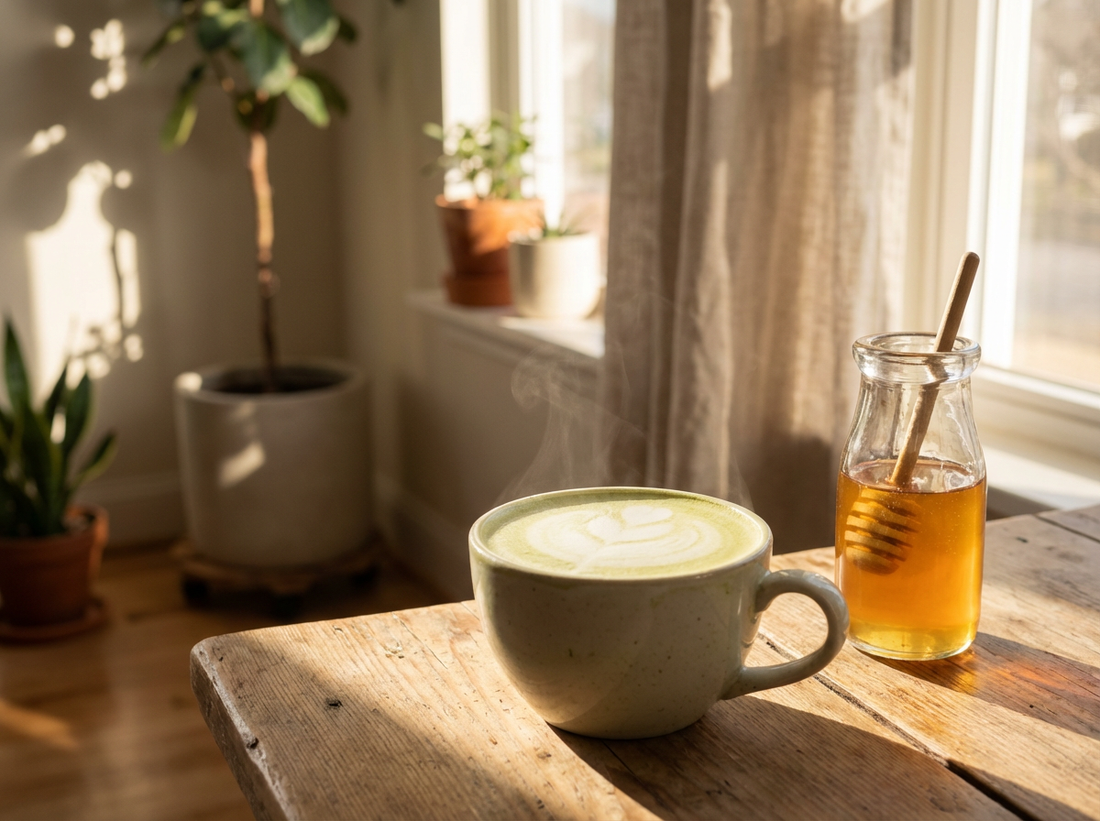 Honey matcha latte with health benefit for daily drink