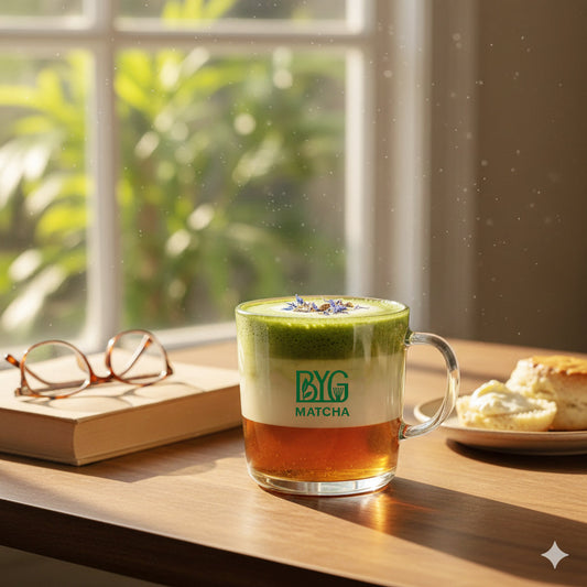 Top-down view of a layered Earl Grey Matcha Latte with blue cornflower garnish