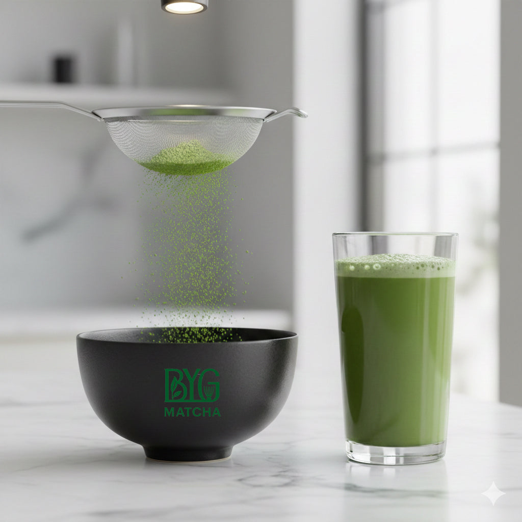 Finest quality matcha powder sieve through to the bowl