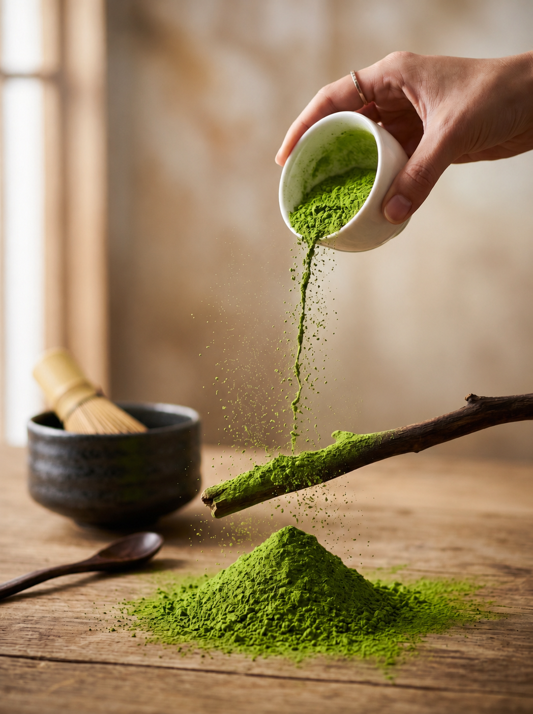 Green tea powder being poured from a small white bowl onto a wooden surface.