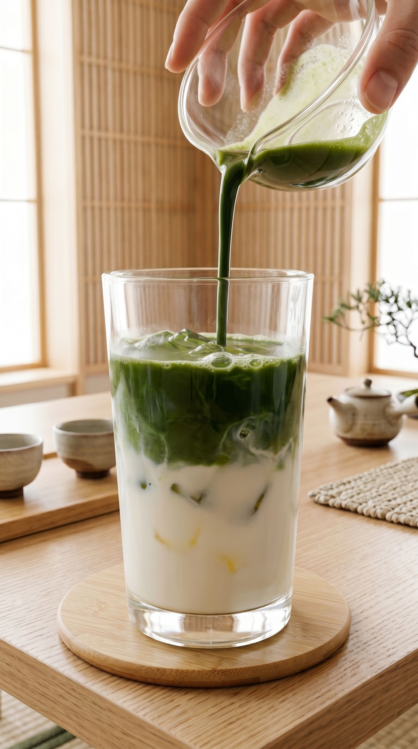 A hand pours a dark green matcha latte into a clear glass tumbler filled with milk and ice, set on a round wooden coaster on a light wood table in a warm, Japanese-style room.