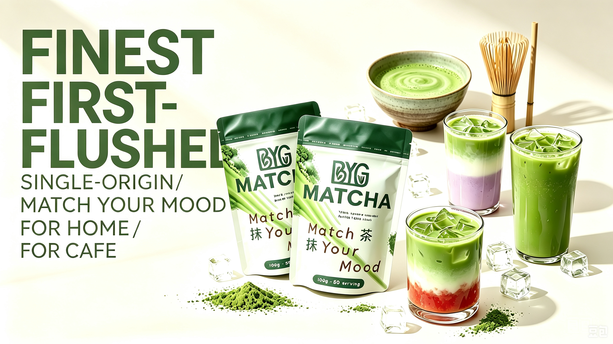 Three bags of BYG Matcha matcha powder are displayed alongside matcha-based drinks in glasses, a bowl of green tea, a bamboo whisk, and scattered matcha powder on a clean white background with promotional text.