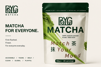 BYG matcha for everyone, retail pack 50g from google shop, amazon shop, first-flushed, finest for daily drinker
