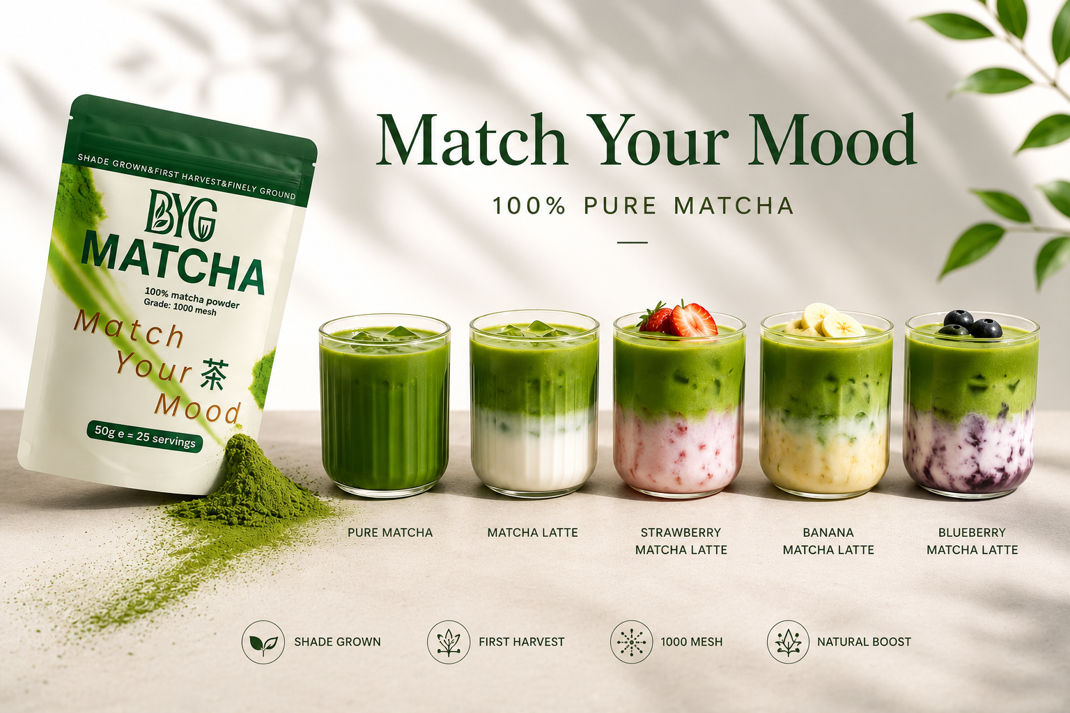 BYG Matcha packaging with matcha drinks and ingredients on a light background