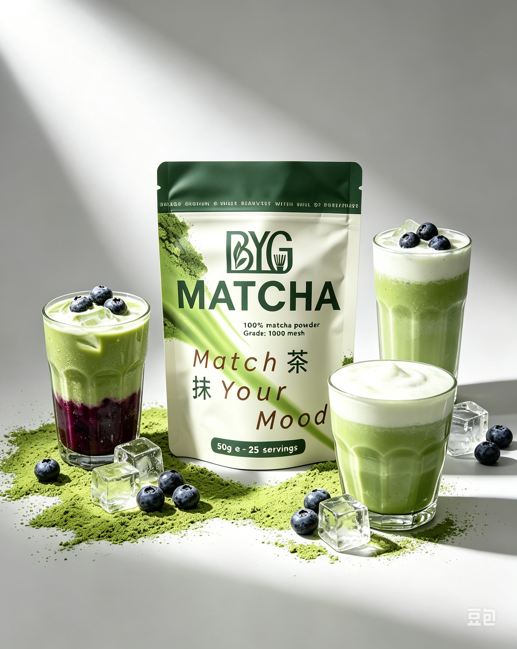 A stand-up pouch of BYG Matcha powder stands behind three glasses of green matcha drink topped with whipped cream and blueberries, arranged on a light gray surface with matcha powder, blueberries, and ice cubes under dramatic sunlight.