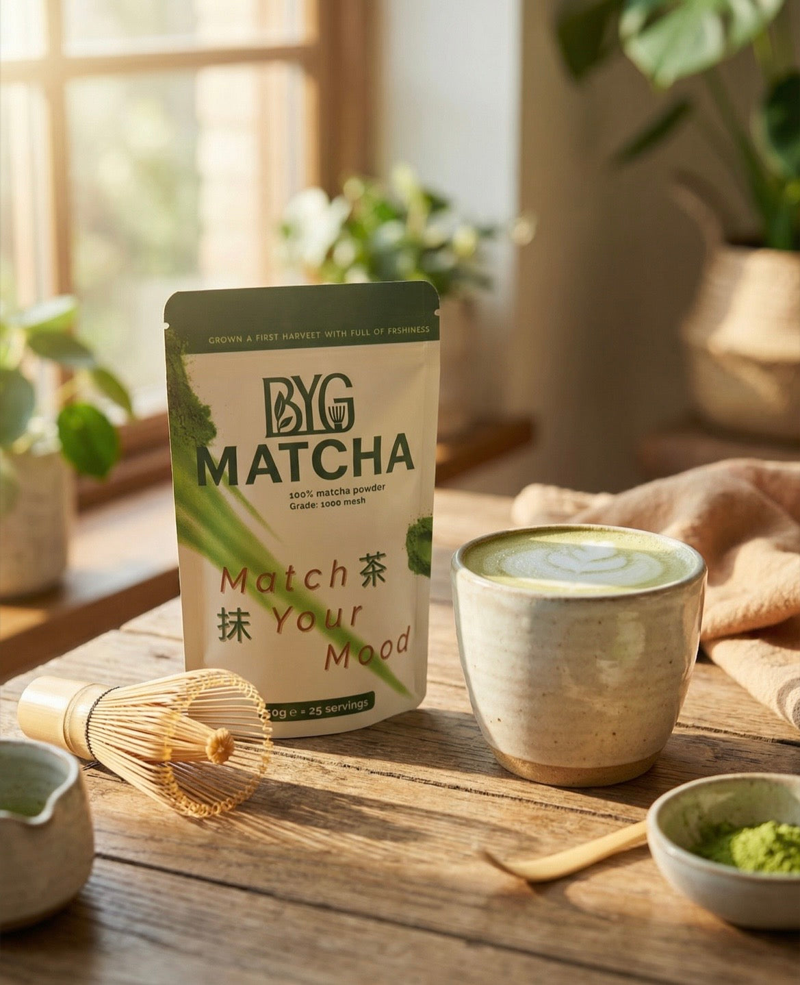 BYG finest Matcha packaging on a wooden table with a cup of matcha latte and matcha powder.