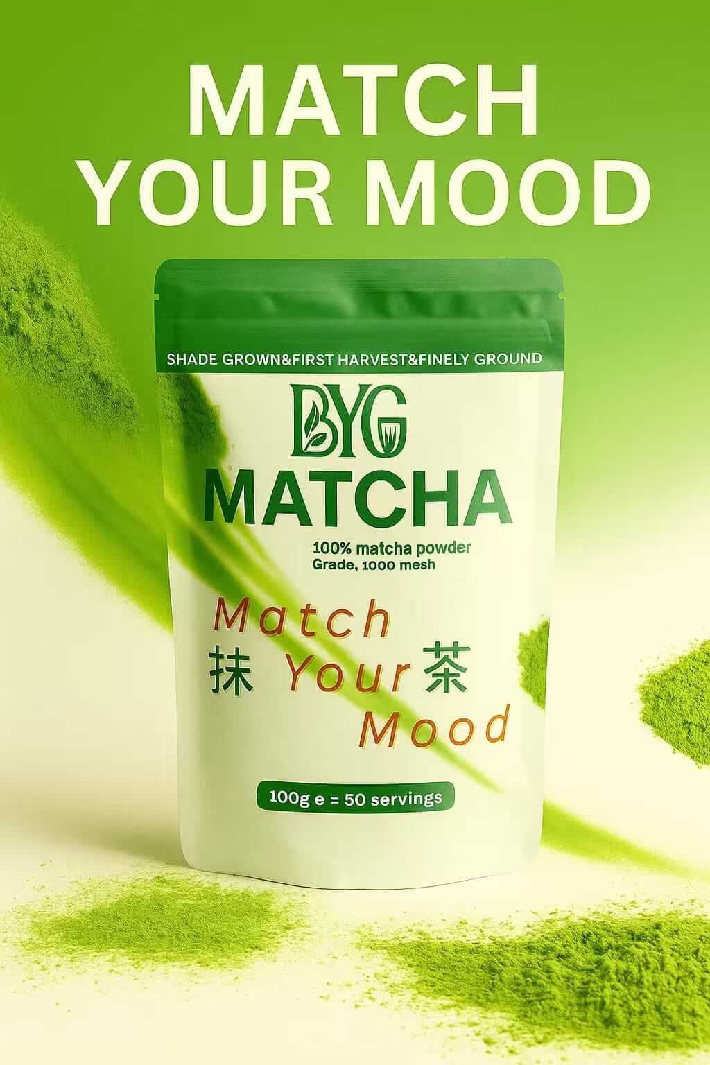 BYG Matcha packaging with green background and matcha powder.