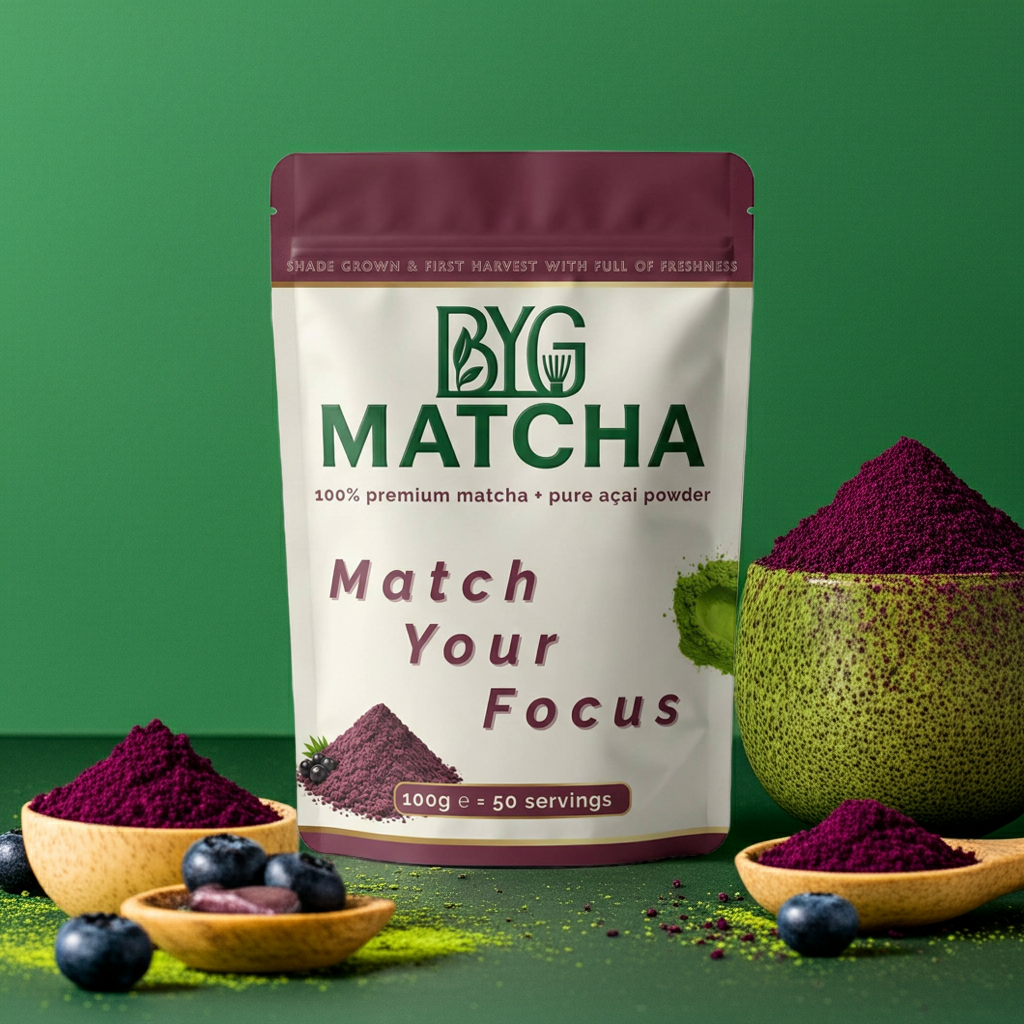 BYG Matcha packaging with matcha powder and acai powder on a green background