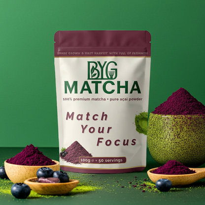 BYG Matcha packaging with matcha powder and acai powder on a green background