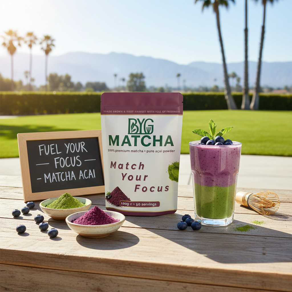 BYG Matcha product with a matcha acai smoothie and ingredients on a wooden table outdoors.