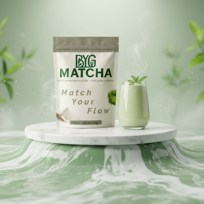 BYG Matcha packaging with a matcha green smoothie on a marble surface with a green background.