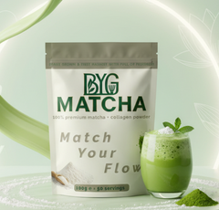 Matcha with collagen next to a glass of collagen matcha and matcha powder on a light green background