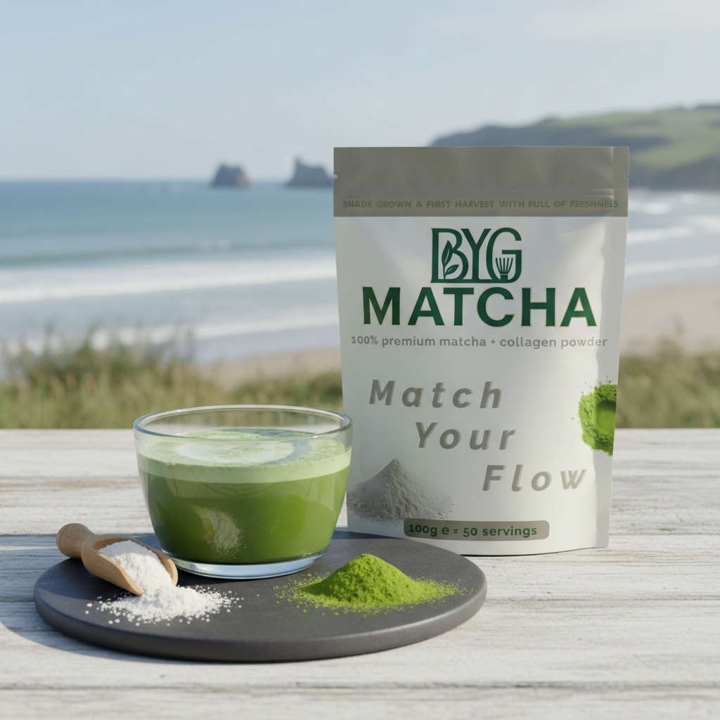 BYG Matcha powder with a glass of matcha collagen latte and scoop on a wooden surface with a scenic background.