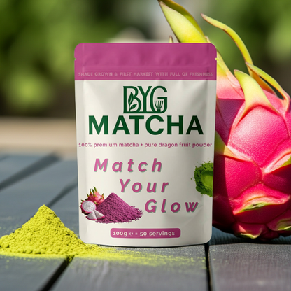 BYG Matcha packaging with dragon fruit and matcha powder on a wooden surface