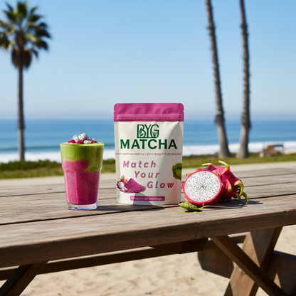 Matcha dragon fruit smoothie at sea side