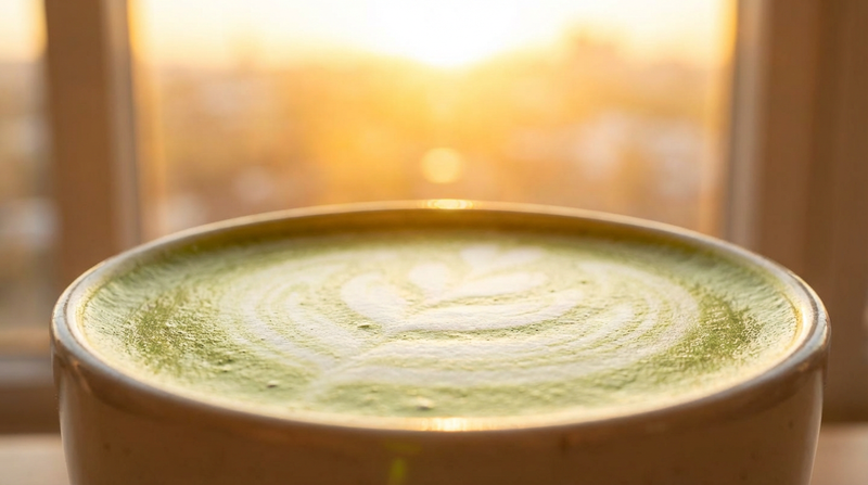 Ceramic bowl with matcha green tea against a sunrise background