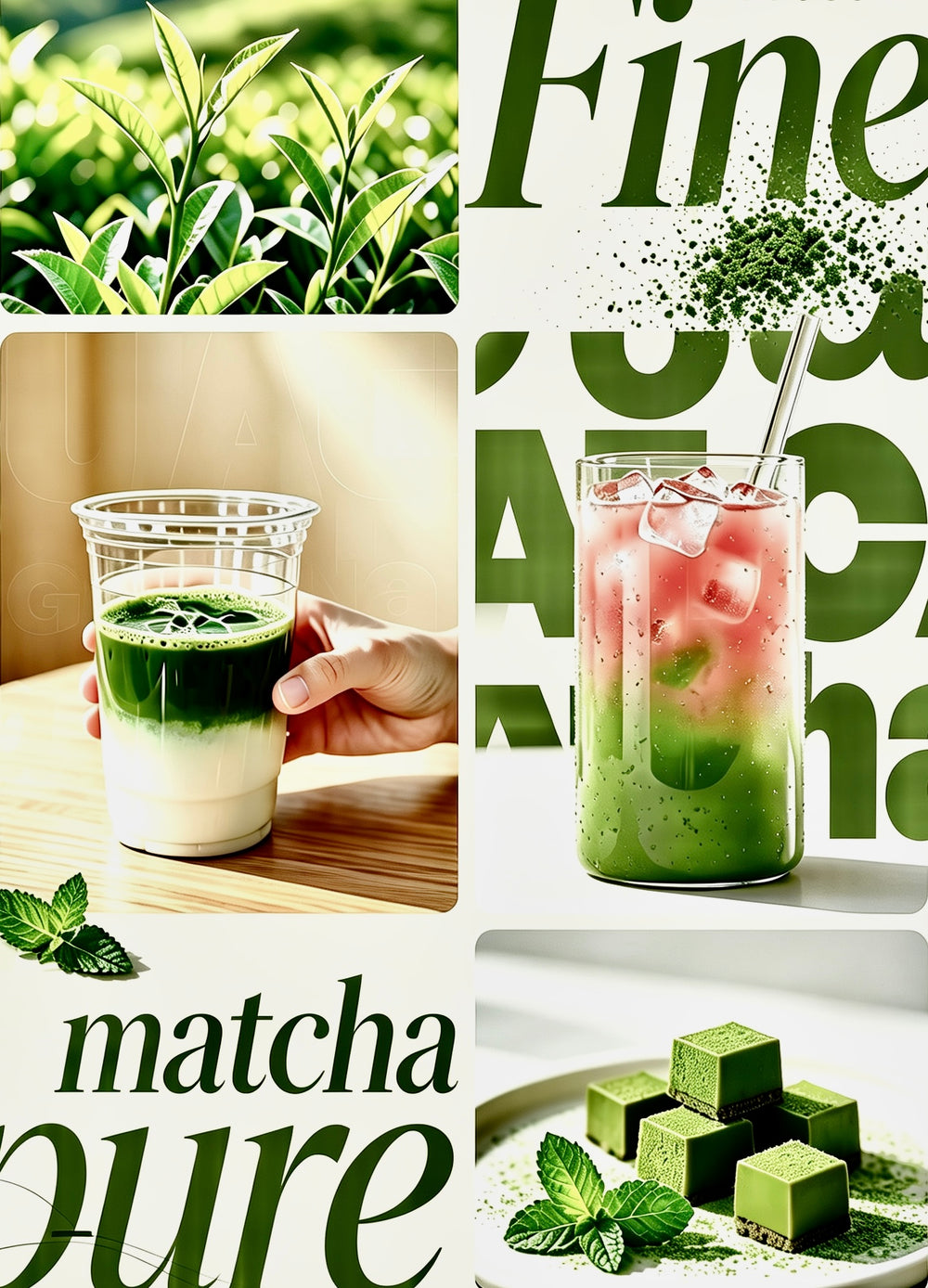A collage-style promotional graphic for matcha pure tea, featuring first-flushed matcha tea leaves, a hand holding a layered matcha drink in a clear cup, a tall glass of matcha iced tea with pink fruit, and green matcha cubes on a plate with mint leaves. Large decorative text reads 'Fine matcha pure'.