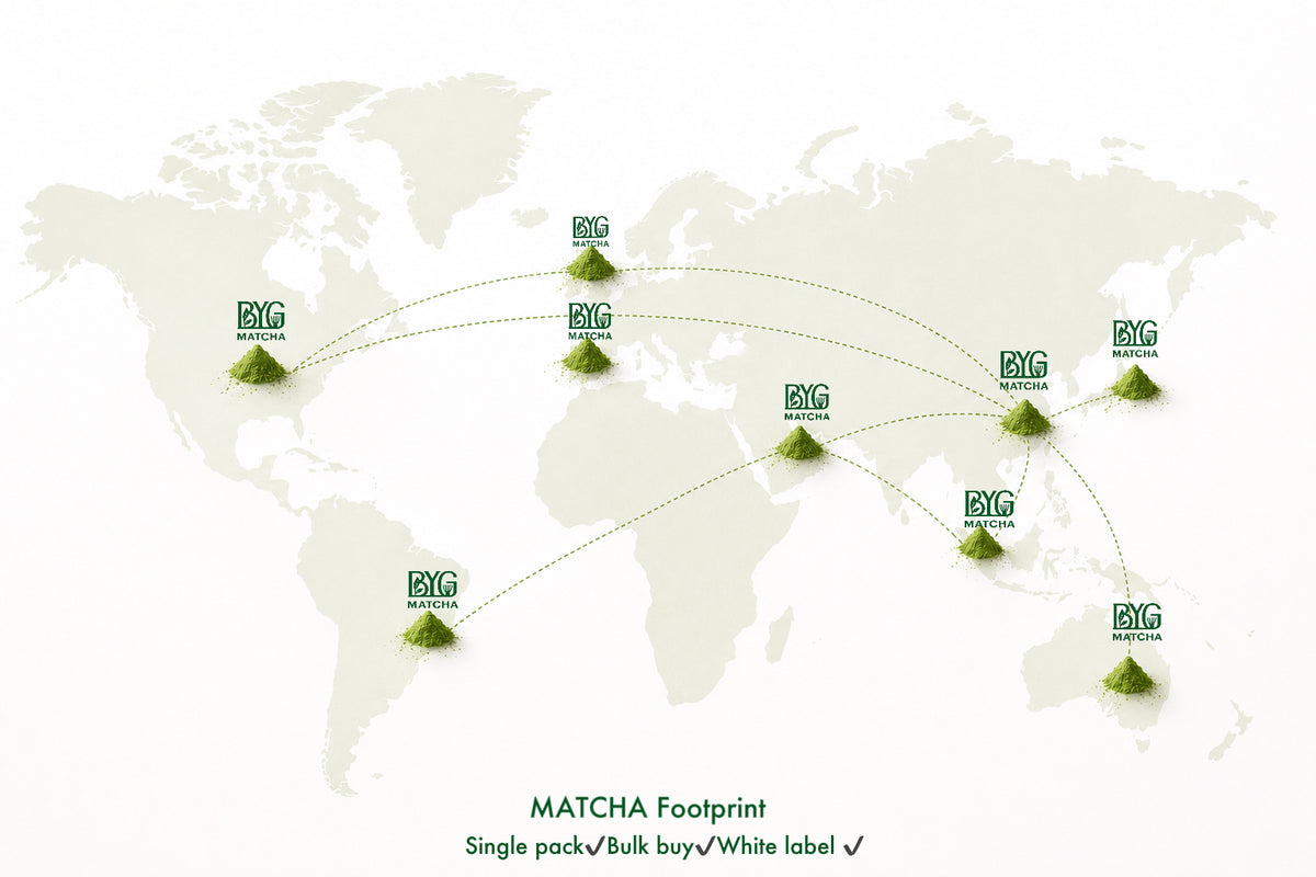 Matcha supplying footprint. Matcha supply in USA, UK, Brazil, Australia, Germany, Dubai, Singapore