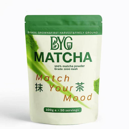 BYG Matcha packaging with green and white design on a white background
