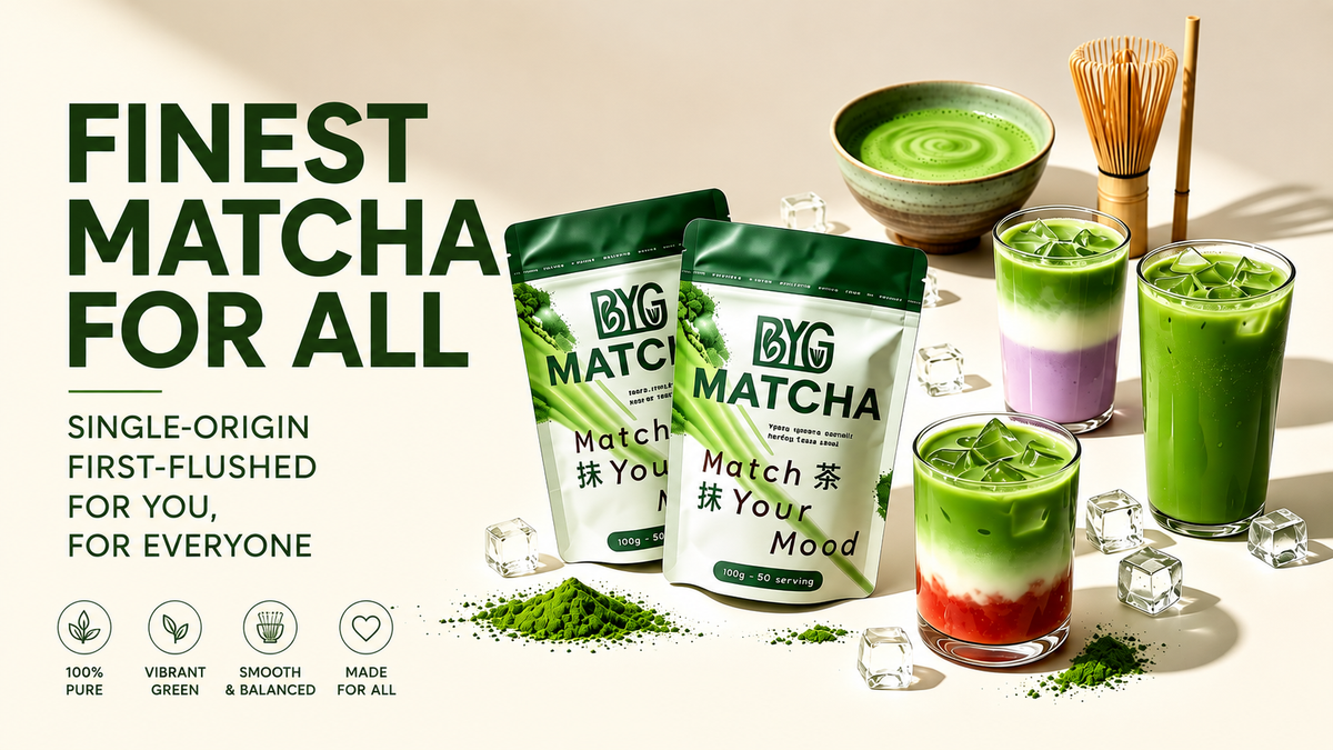 Two stand-up pouches of BIG MATCHA matcha tea are displayed with layered matcha drinks in glasses, a bowl of green tea, matcha powder, and a bamboo whisk on a warm beige background with promotional text.