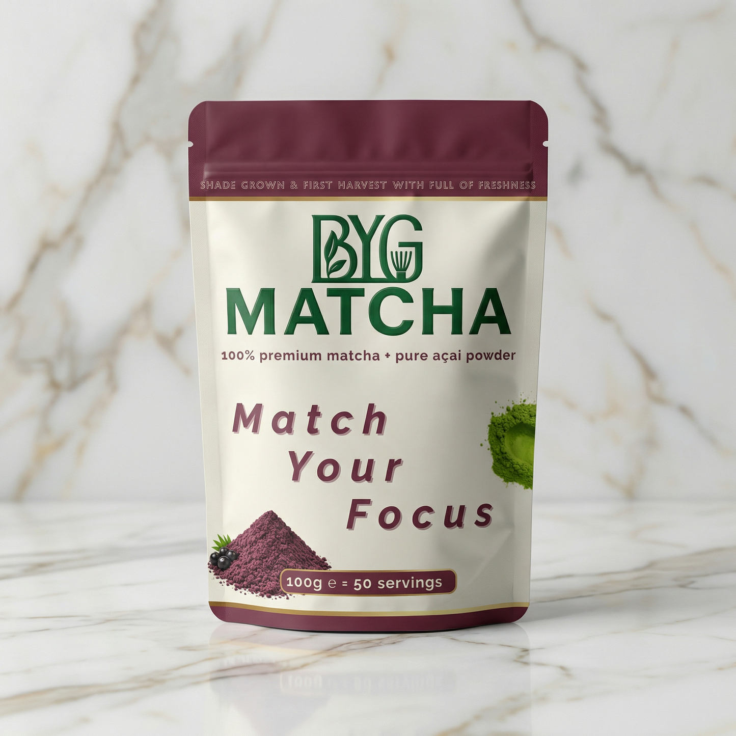 BYG Premium Matcha with Pure Açai Powder 100g | Match Your Focus
