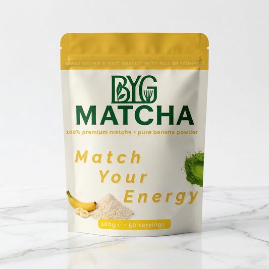 BYG Matcha packaging with green and yellow design on a white background