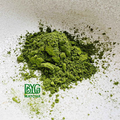 BYG Matcha 1200-Mesh Matcha Powder 50g in a bowl, showcasing ultra-fine, vibrant green matcha powder.