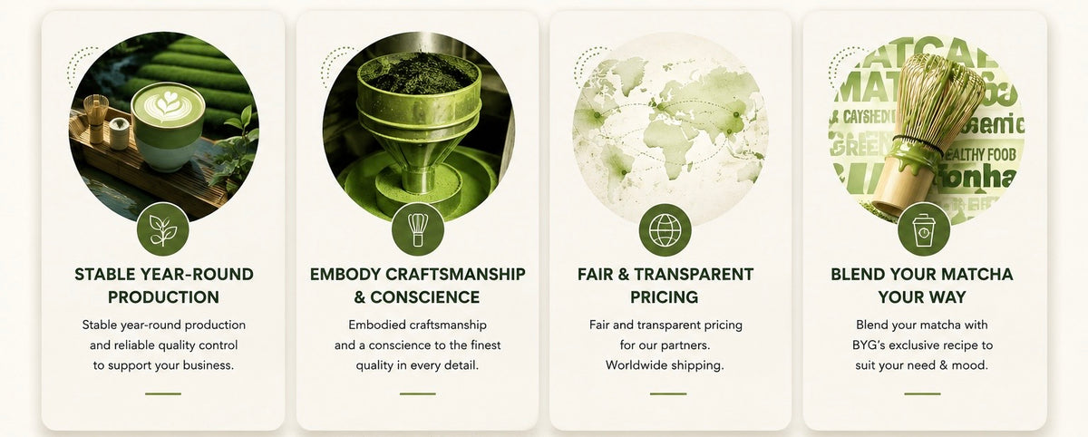 Why this is the best matcha supplier because we have stable year-round production embody craftsmanship & conscience, fair&transparent pricing, blend your matcha in the way you 
