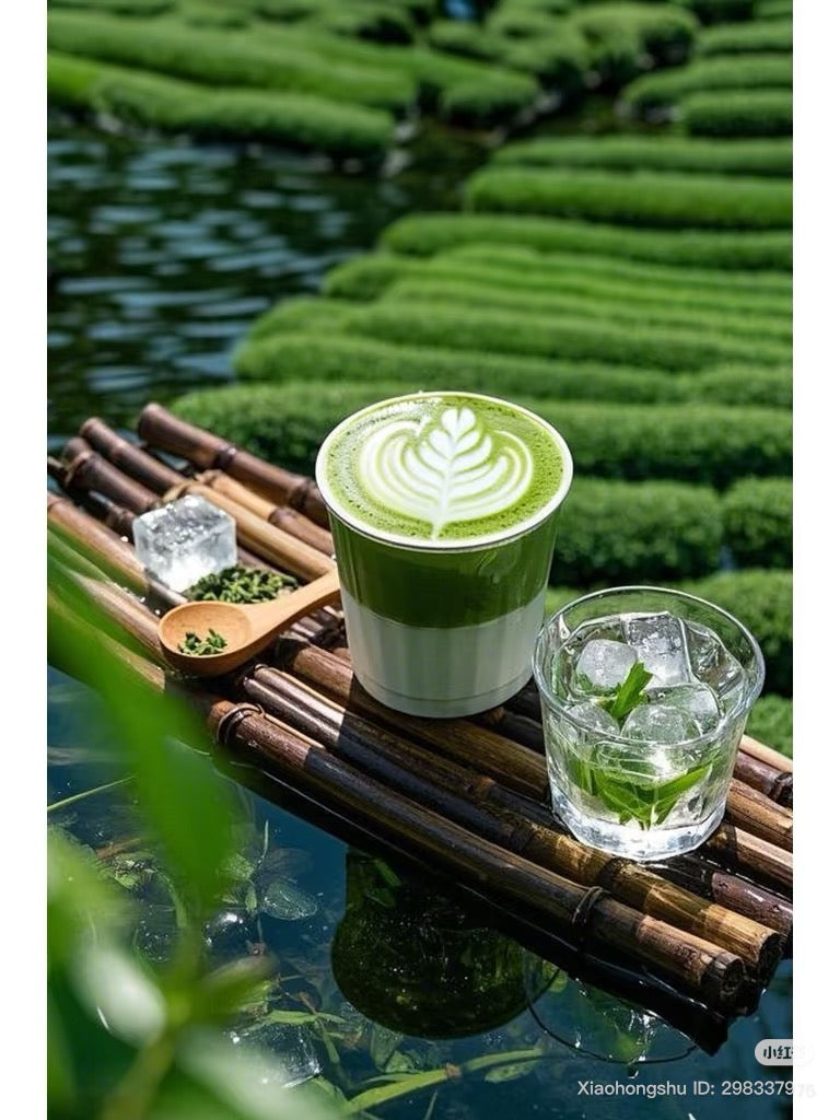 warm & iced matcha latte single-origin in tea garden 